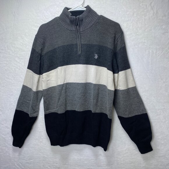 U.S. Polo Assn. Mens Striped Pullover Sweater Size M Gray & Black Cotton Blend - Picture 1 of 11